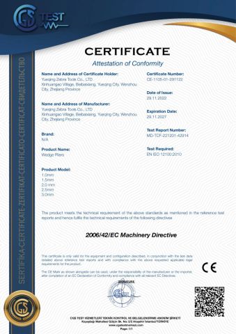 CE certificate from Yueqing Zebra Tools Co., Ltd.