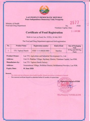 FDA - FDD certificate from Lao TTL Agriculture And Industrial Development Co.,Ltd