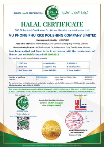 HALAL certificate of VU PHONG PHU RICE POLISHING COMPANY LIMITED – certificate photo, supplier certificates section