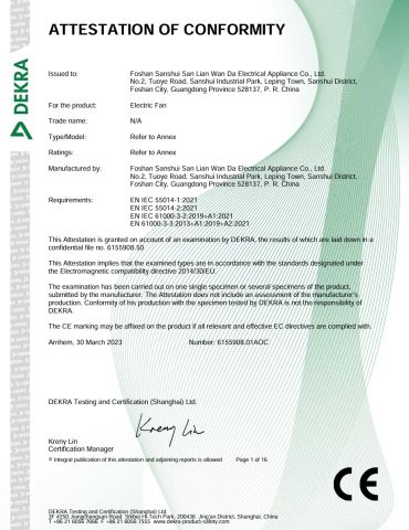 EMC of Electric Fan certificate from Foshan Jcf Electrical Appliance Co., Ltd.