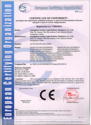 CE certificate certificate of Guangzhou Guanhe Light Industry Machinery Co., Ltd. – certificate photo, supplier certificates section