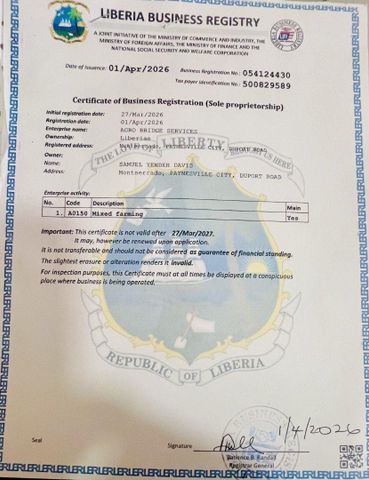 Liberia Business Registration Certificate certificate from Agro Bridge Services
