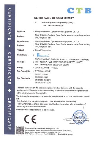 Optical Transmitte CE-EMC certificate from Hangzhou Fullwell Optoelectronic Equipment Co., Ltd.