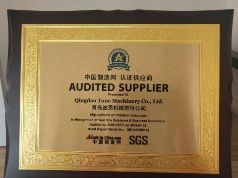 Quality Supplier Certification certificate from Qingdao Tune Machinery Co., Ltd.