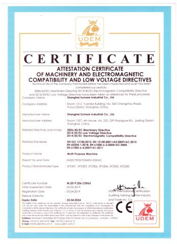 CE certificate of Multi-purpose machine certificate from Shanghai Sumore Industrial Co., Ltd.
