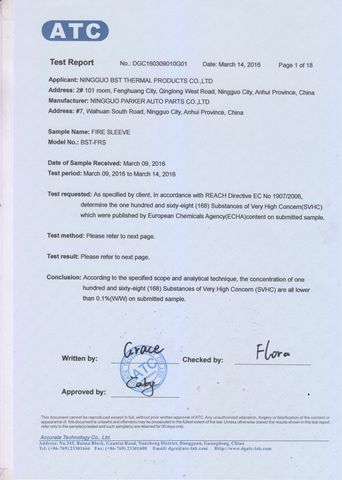 BSTFLEX silicone fiberglass fire sleeve ROHS certificate from NINGGUO BST THERMAL PRODUCTS CO., LTD.