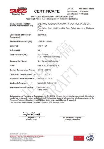 CE CERTIFICATE for BALL VALVE certificate from Huizheng Auto Control Valve Group Co., Ltd.