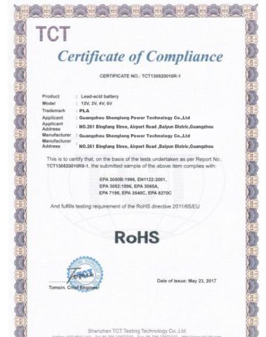 ROHS Certificates certificate of Guangzhou Shenglong Power Technology Co., Ltd. – certificate photo, supplier certificates section