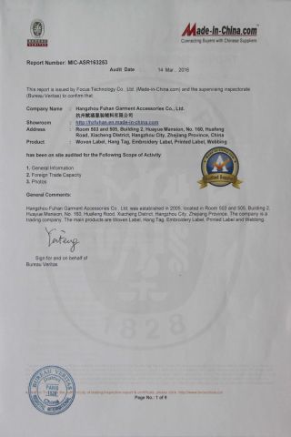 Fuhan Certificate of BV certificate from Hangzhou Fuhan Garment Accessories Co., Ltd.