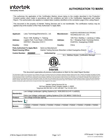 ETL for In-Ground Well Lights certificate of Lutou Technology (Shenzhen) Co., Ltd. – certificate photo, supplier certificates section