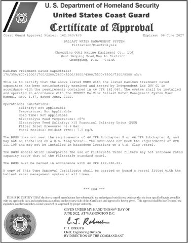USCG Approval certificate from Chongqing Gohi Marine Equipment Co., Ltd.