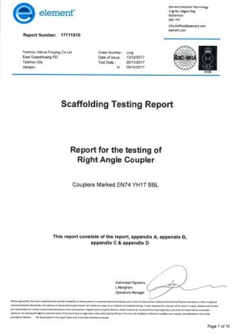 ELEMENT SCAFFOLDING TESTING REPORT for RIGHT ANGLE COUPLER certificate from Taizhou Nexus Import and Export Co., Ltd.