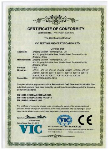 CE -float certificate from Zhejiang Jiachen Technology Co., Ltd.