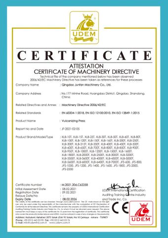 CE for Vulcanizing Press certificate from QINGDAO JUNFAN MACHINERY CO., LTD.