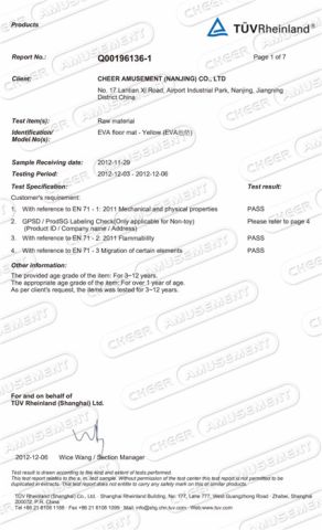 TUV Raw material Test Report of EVA floor mat-Yellow certificate from Nanjing Pegasus Recreation Equipment Co., Ltd.