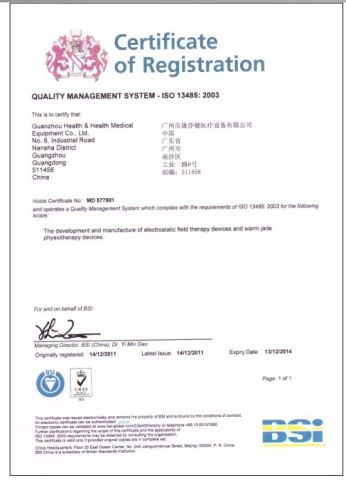 Quality Management System- ISO 13485: 2003 certificate from Health&Health (Group)Co.,Ltd.