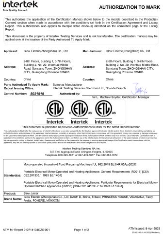 ETL certificate from Islow Electric (Zhongshan) Co., Ltd