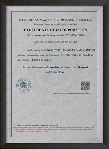 Incorporation Letter - secp certificate of Corsa Textile – certificate photo, supplier certificates section
