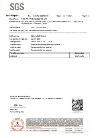 Test report for SPC click flooring certificate of Foshan YAJ Building Co., Ltd. – certificate photo, supplier certificates section