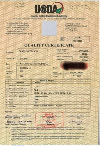 QUALITY CERTIFICATE certificate from CENTS COFFEE LTD
