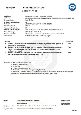 EN 1888-1 certificate from Anhui Talent Baby Products Co., Ltd.