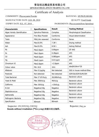 COA of Phycocyanin certificate from QINGDAO HILDA-JINGYI TRADING CO., LTD.