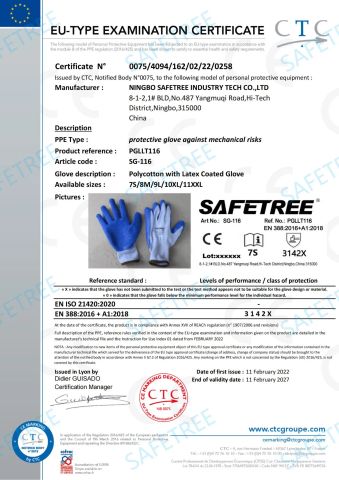 Certificate of latex coated cotton Gloves certificate from Zhejiang Safetree Industry Tech Co., Ltd.
