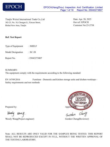Product Inspection Report certificate from Tianjin Weirui International Trade Co., Ltd.