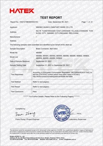 Reach certificate from Ningbo Huanyu Sanitary Ware Co., Ltd.
