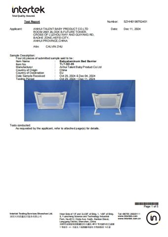 Chemical combustion test report of Bed rail certificate from Anhui Talent Baby Products Co., Ltd.