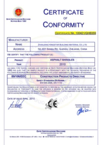 CE Certificate of Asphalt Shingle certificate of Zhanjiang Kingstar Building Material Co., Ltd. – certificate photo, supplier certificates section