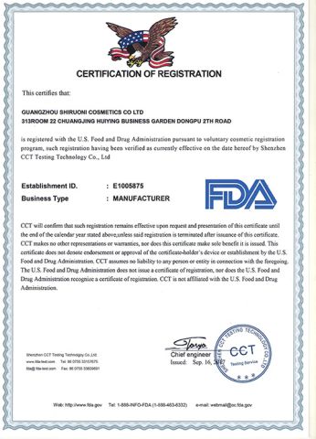 FDA certificate from Guangzhou Shiruoni Cosmetics Co., Ltd.