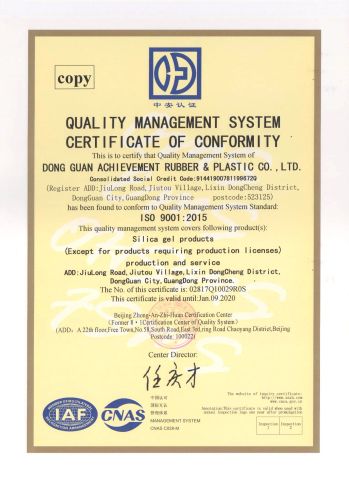 ISO 9001 Approved certificate from Dongguan Achievement Rubber & Plastic Co., Ltd.