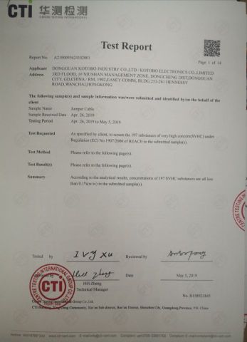 CABLE REACH REPORT certificate from DONGGUAN KOTOBO INDUSTRY CO., LTD.