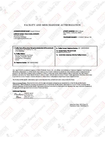 DISNEY FAMA certificate from GUANGZHOU TIMI PRINTING CO., LTD