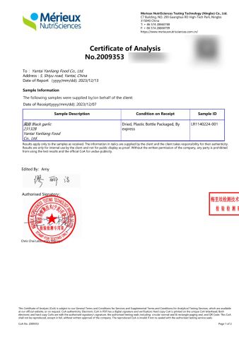 Product Inspection Report certificate from Yantai Yanliang Food Co., Ltd.