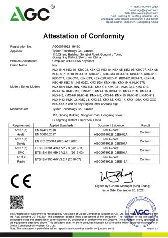 CE Certificate for Wireless Keyboard 2022.12.20 certificate of Tyshen Technology Co., Limited – certificate photo, supplier certificates section