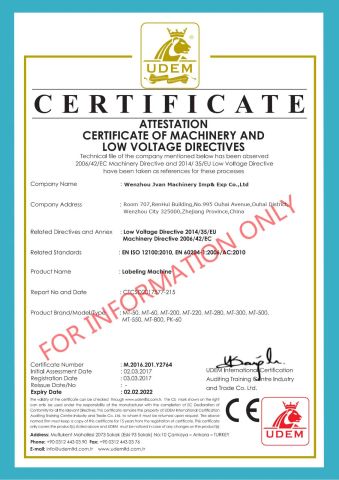CE Certification for Labeling Machine certificate of Wenzhou Jvan Machinery Co., Ltd – certificate photo, supplier certificates section