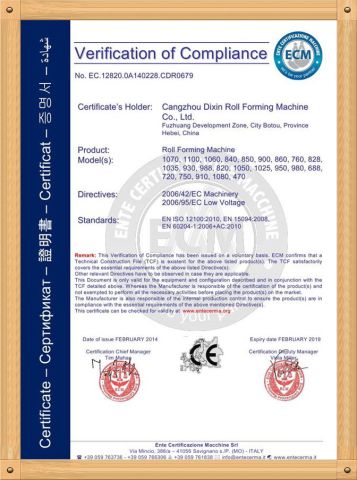 Italy CE certificate of Cangzhou Dixin Roll Forming Machine Co., Ltd. – certificate photo, supplier certificates section