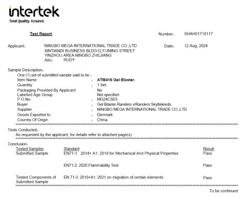 EN71part 1-3 for adult guns certificate from Ningbo Mega International Trade Co., Ltd