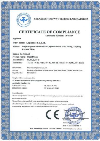 CE-certificate-of-meat-grinder certificate from ZHE JIANG HORUS APPLIANCE CO., LTD.