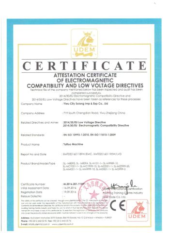 CE Certificate of tattoo machine certificate from Hangzhou Solong Technology Co., Ltd.