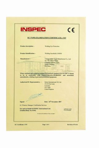 Welding Eye Protection CE Certificate certificate from Yulong Safety Tools Manufacture Corp., Ltd.