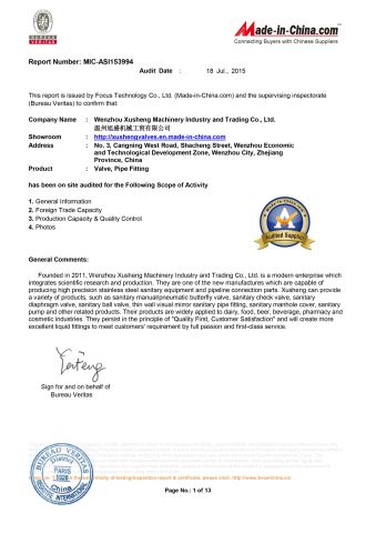 Bureau Veritas certificate from Wenzhou Xusheng Machinery Industry and Trading Co., Ltd.