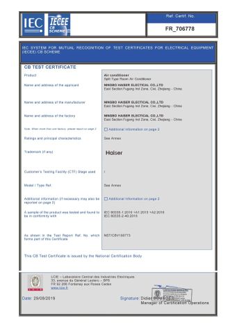CB certificate from Ningbo Haiser Electric Appliance Co., Ltd.