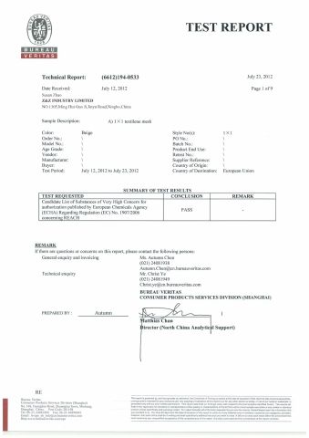 Reach Test certificate from Ningbo ZNZ Leisure Products Co., Ltd.