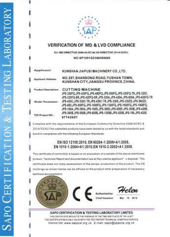 CE Certification for Cutting Machine certificate from Kunshan Jiapusi Machinery Co., Ltd.