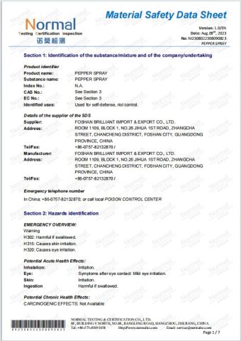 Pepper Spray MSDS certificate from FOSHAN BRILLIANT IMPORT & EXPORT CO., LTD