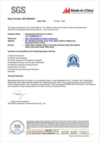SGS certificate from ROSAFEELING INDUSTRIES INC LIMITED
