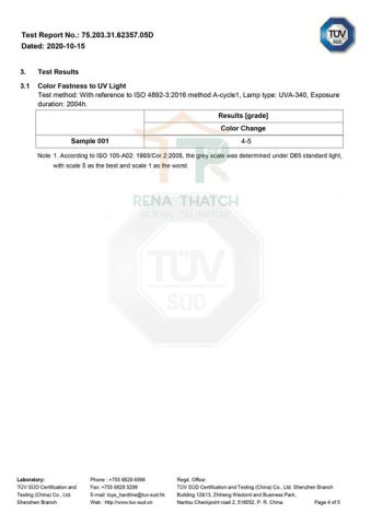 Anti-UV test report certificate from Xiamen Rena Thatch Industry Co., Ltd.